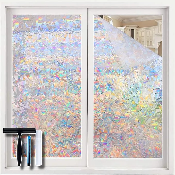 Volcanics Window Privacy Film with Installation Tools, Static Window Clings Vinyl 3D Window Decals Stickers Rainbow Window Film for Glass Door Home Heat Control Anti (17.5" x 78.7")